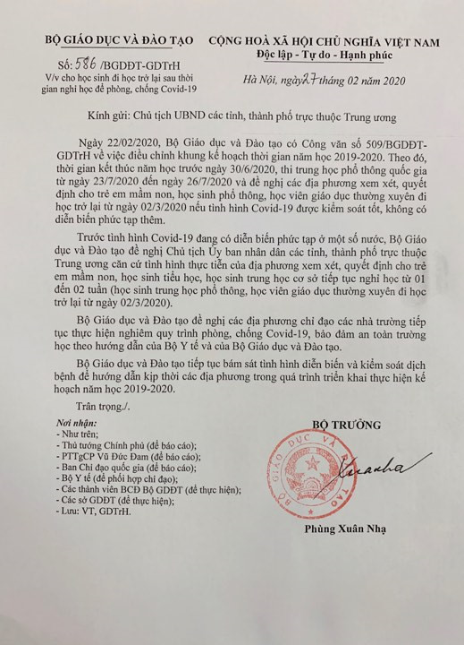 Bộ Giáo dục và Đào tạo:  Đề nghị các tỉnh cho học sinh mầm non, tiểu học, THCS nghỉ thêm từ 1 đến 2 tuần