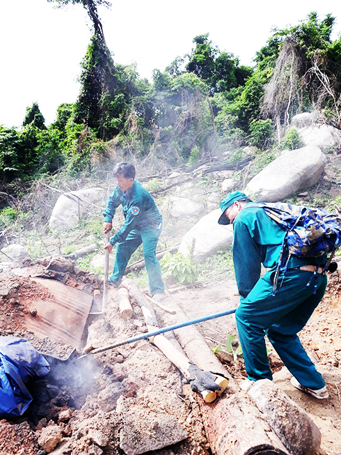 Lực lượng quản lý bảo vệ rừng chuyên trách của Ban Quản lý  rừng phòng hộ Nam Khánh Hòa triệt phá lò than.
