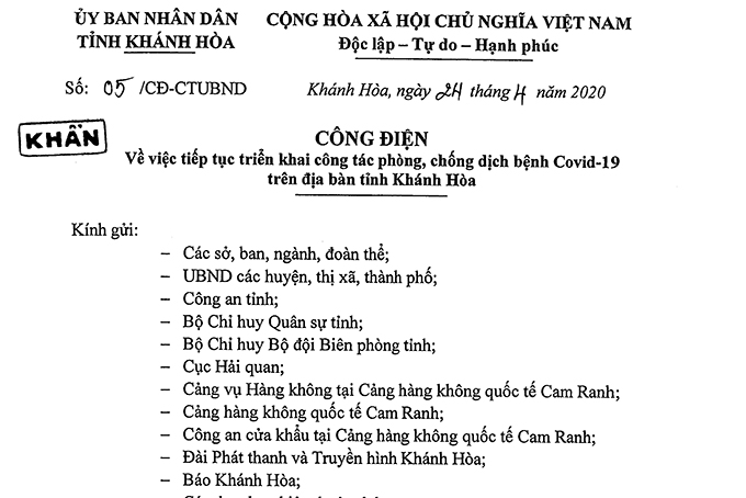 Công điện về việc tiếp tục triển khai công tác phòng, chống dịch bệnh Covid-19 trên địa bàn tỉnh Khánh Hòa