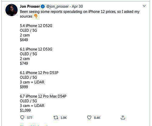  Giá bán chi tiết iPhone 12 theo dự đoán của Jon Prosser