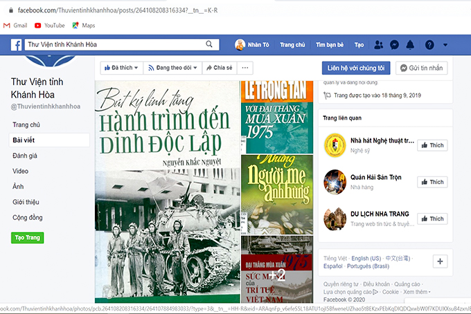 Hình ảnh giới thiệu sách về ngày giải phóng miền Nam, thống nhất đất nước 30-4 được giới thiệu trên fanpage của Thư viện tỉnh.