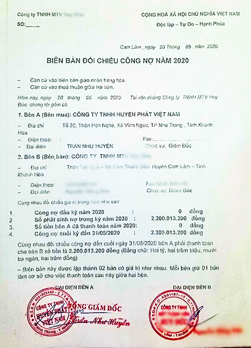 Con dấu, chữ ký của  Tổng Giám đốc Công ty  TNHH Huyền Phát Việt Nam đã bị làm giả trong bản đối chiếu công nợ để lừa đảo.  