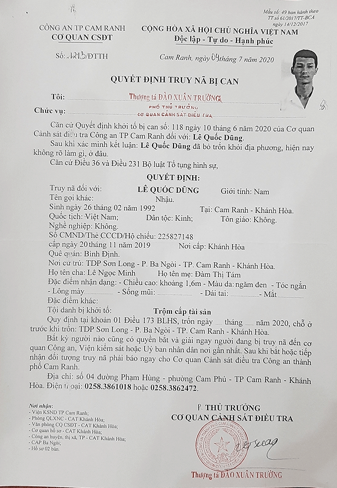 Truy nã toàn quốc bị can Lê Quốc Dũng