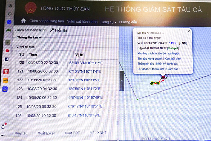 Vị trí tàu KH-98168-TS cập nhật lúc 10 giờ 32 ngày 10-8 trên Hệ thống Giám sát tàu cá của Tổng cục Thủy sản.  (Ảnh do Chi cục Thủy sản cung cấp)