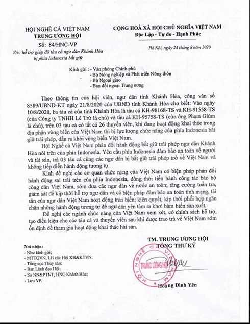 Hội Nghề cá Việt Nam phản đối Indonesia bắt giữ trái phép 3 tàu cá Khánh Hòa