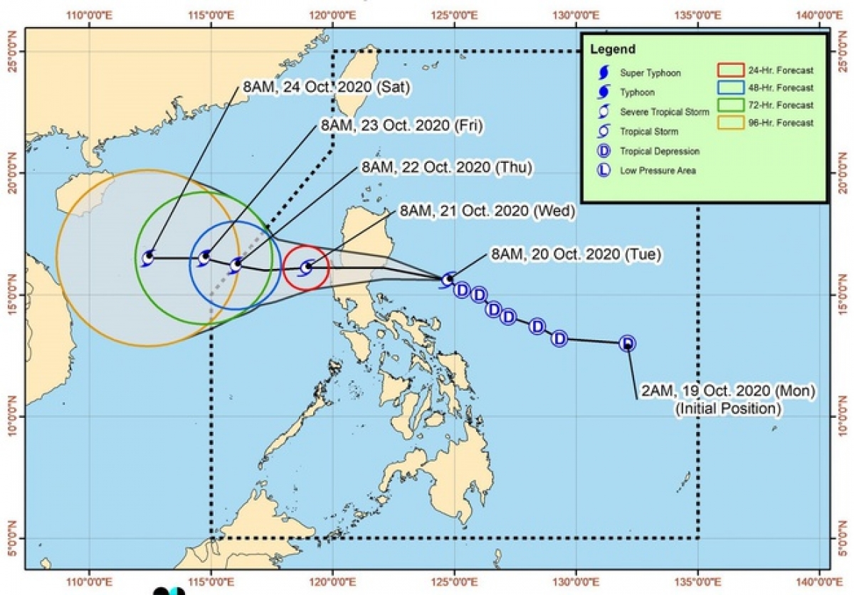 Đường đi dự kiến của bão Saudel. Ảnh: Cơ quan Thiên văn, Địa lý và Khí tượng Philippines