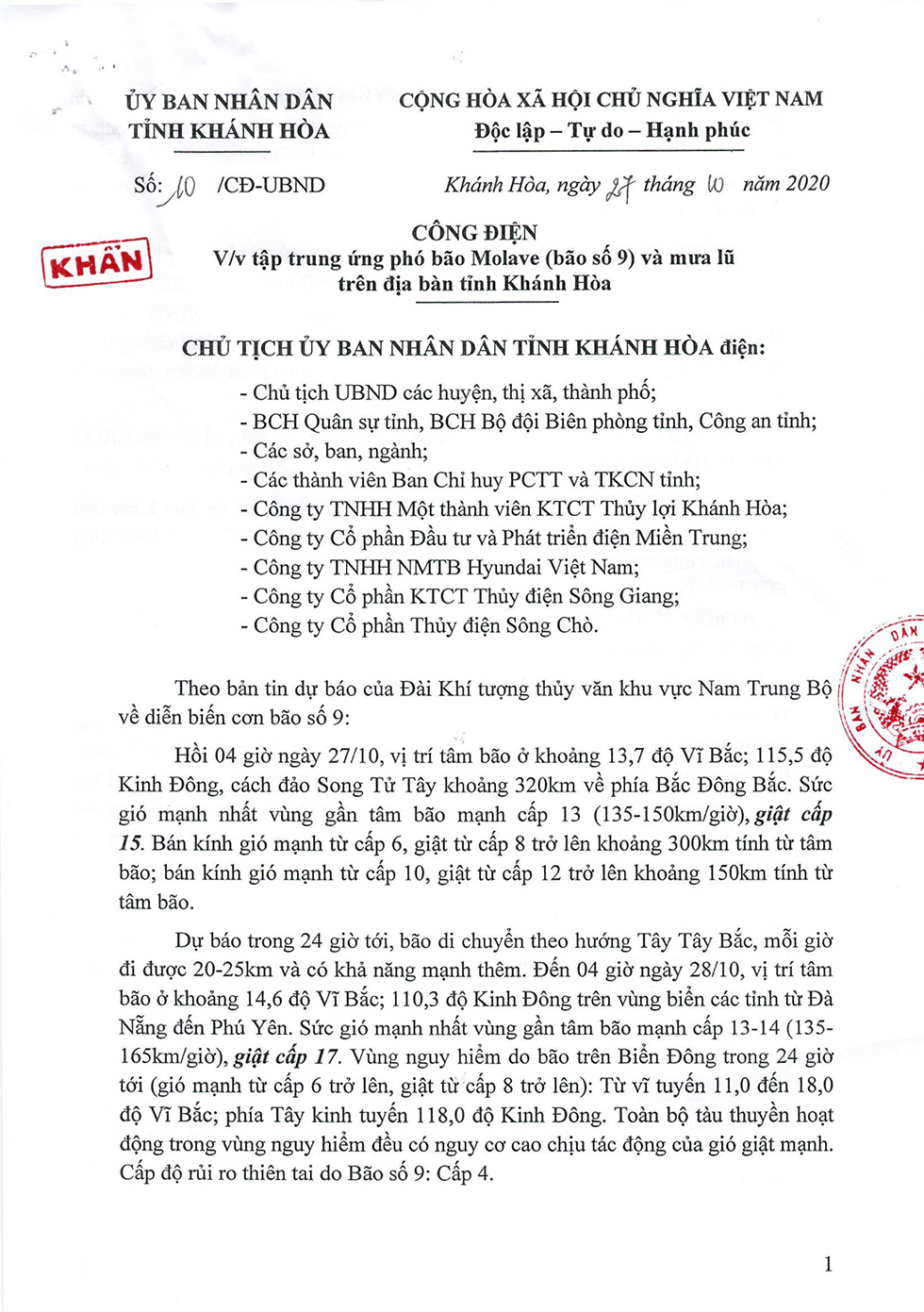 Công điện khẩn tập trung ứng phó với bão số 9 trên địa bàn tỉnh Khánh Hòa