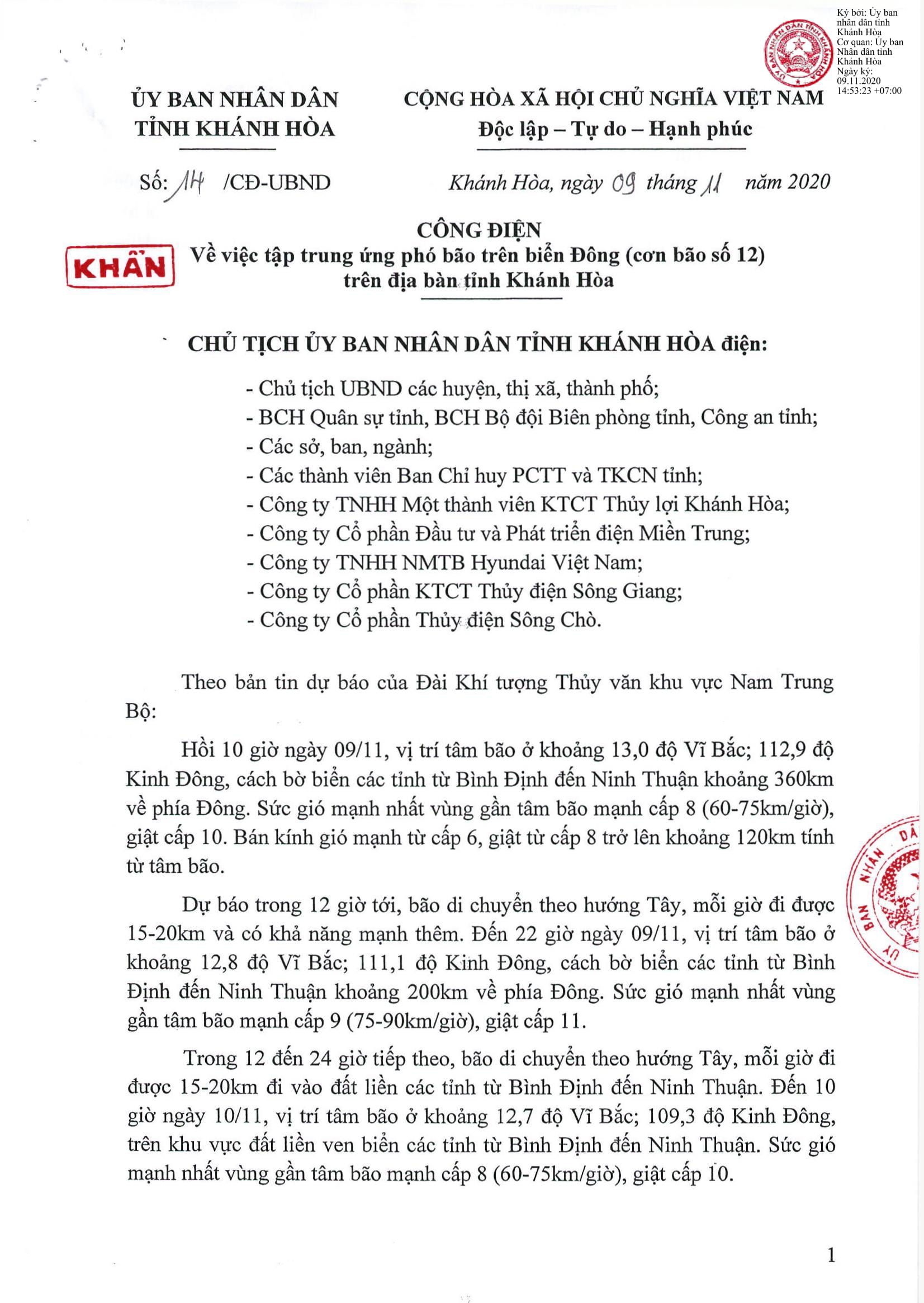 Công điện về tập trung ứng phó bão số 12 trên địa bàn tỉnh Khánh Hòa