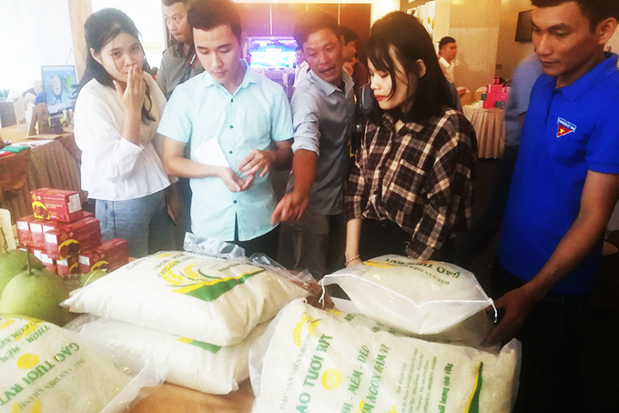 Các đại biểu tham quan gian hàng trưng bày gạo tươi RVT Diên Khánh.