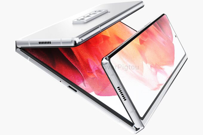 Ảnh render Samsung Galaxy Z Fold3 dạng 1 màn hình chính, 2 màn hình phụ gập vào trong. 