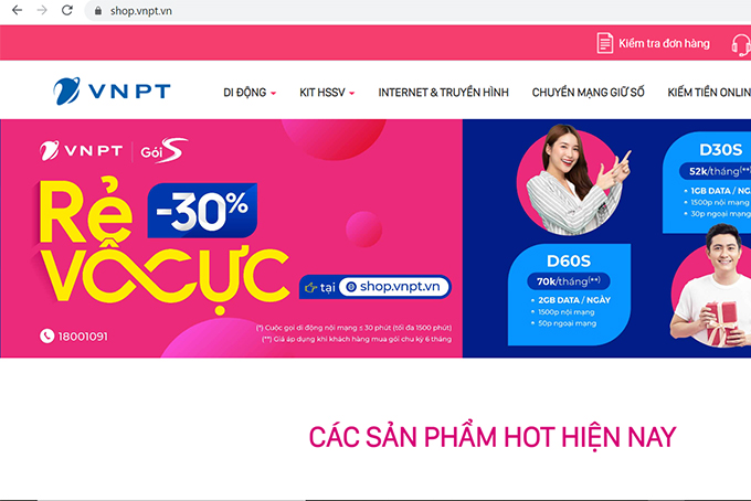 Ưu đãi đến 30% gói cước di động tại kênh mua sắm trực tuyến VNPT Shop