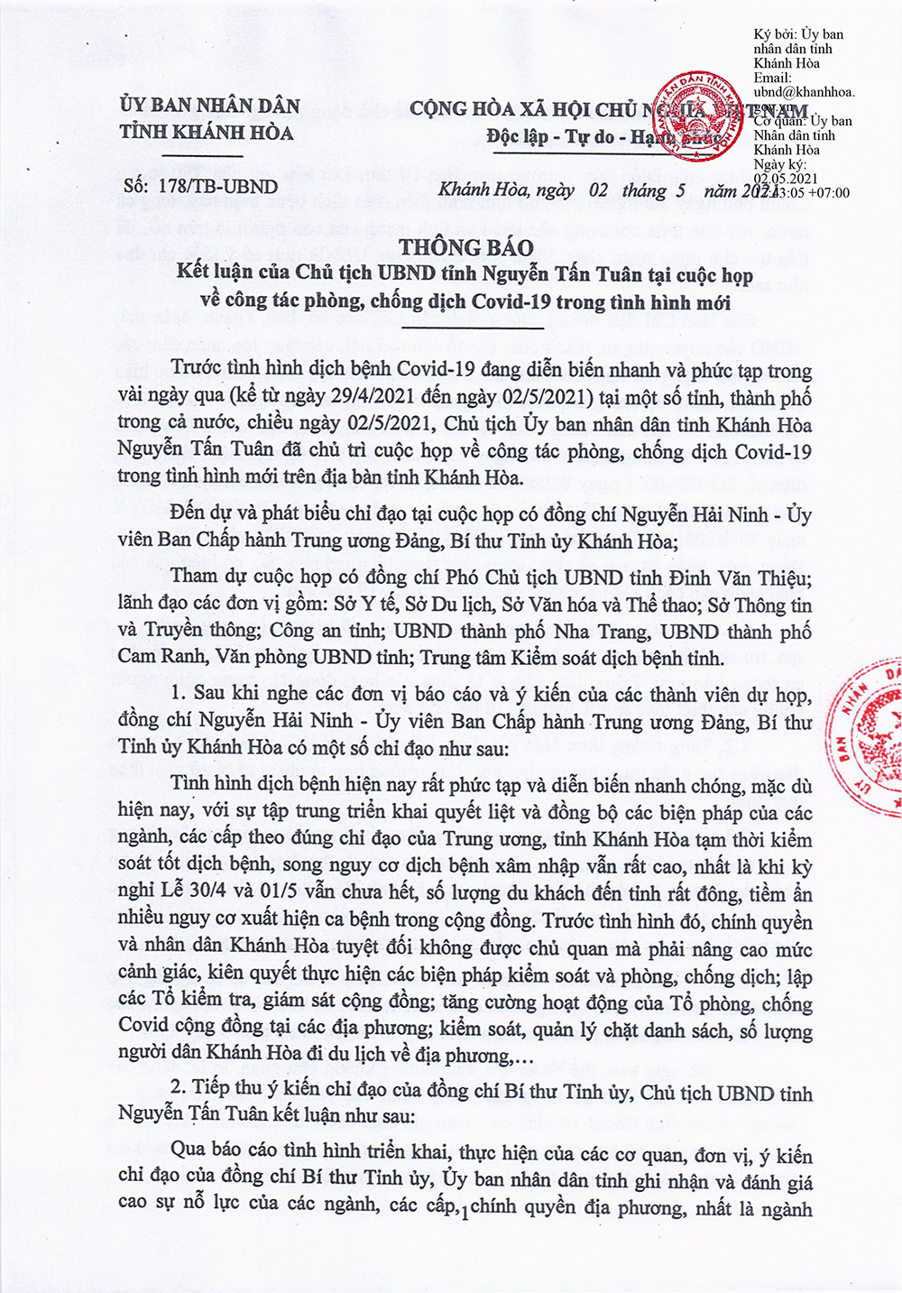 Kết luận của Chủ tịch UBND tỉnh Nguyễn Tấn Tuân tại cuộc họp về công tác phòng, chống dịch Covid-19 trong tình hình mới