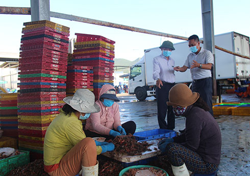 Lãnh đạo Sở Nông nghiệp và Phát triển nông thôn kiểm tra việc đeo khẩu trang phòng dịch Covid-19 tại cảng Vĩnh Lương.