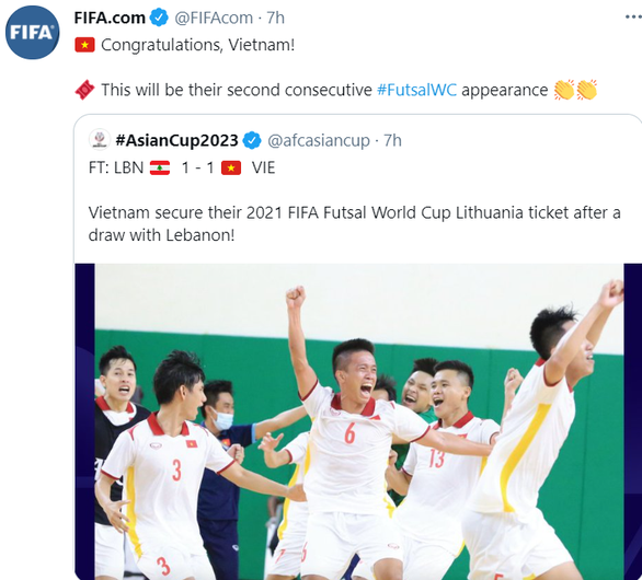 FIFA chúc mừng Việt Nam có vé dự VCK Futsal World Cup 2021,