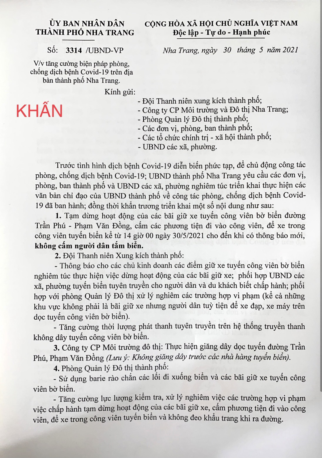 Công văn khẩn chỉ đạo tăng cường biện pháp phòng, chống dịch Covid-19 trên địa bàn thành phố Nha Trang