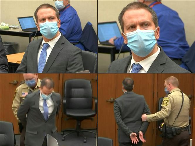 Cựu cảnh sát Derek Chauvin tại phiên toà xét xử ông với cáo buộc sát hại người đàn ông da màu George Floyd, ở thành phố Minneapolis, Minnesota, Mỹ ngày 20/4/2021. Ảnh: AFP/TTXVN