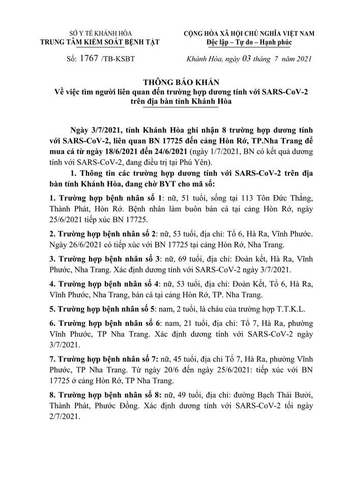 Thông báo khẩn tìm người liên quan đến trường hợp dương tính với SARS-CoV-2