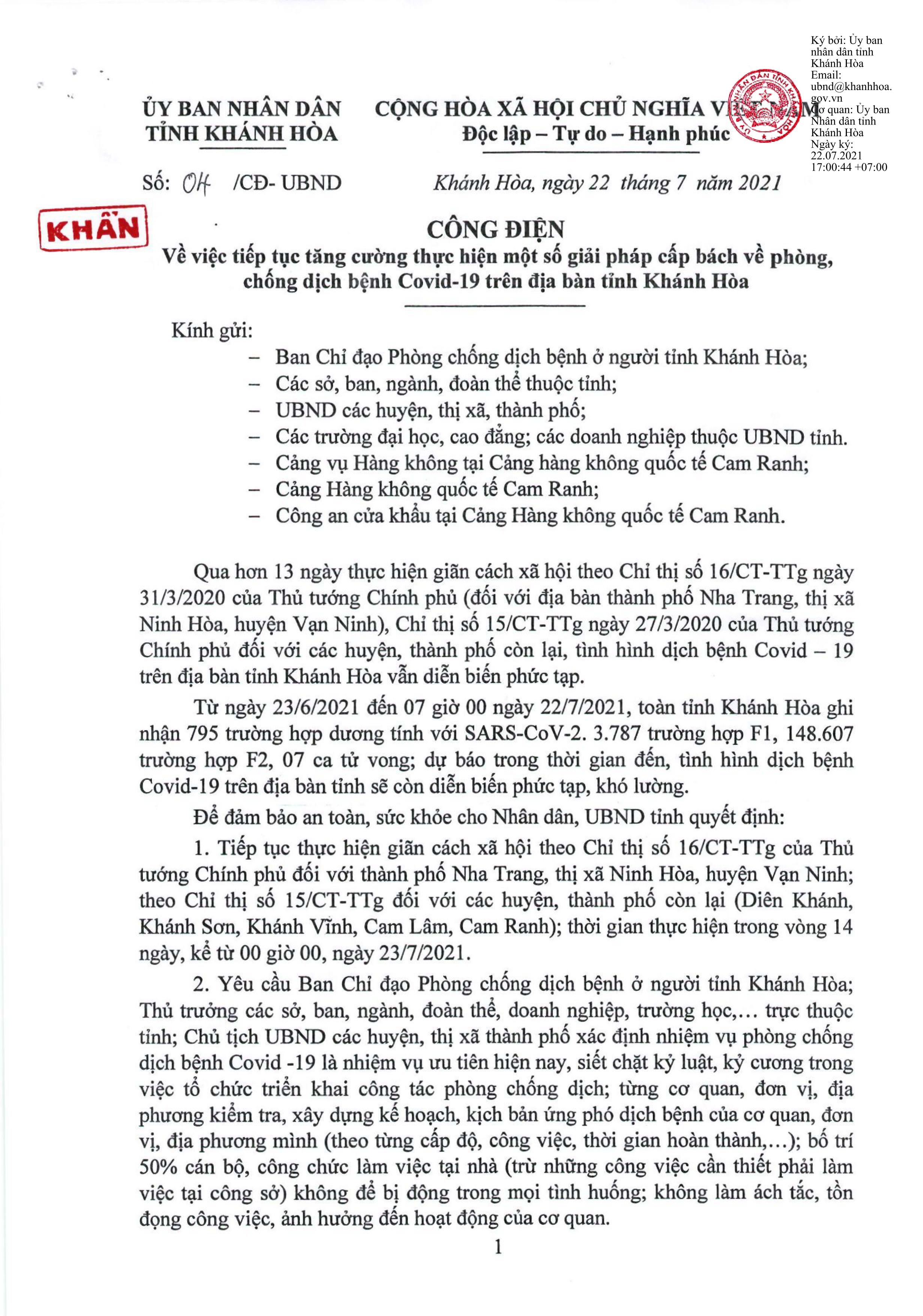 Công điện khẩn của UBND tỉnh Khánh Hòa