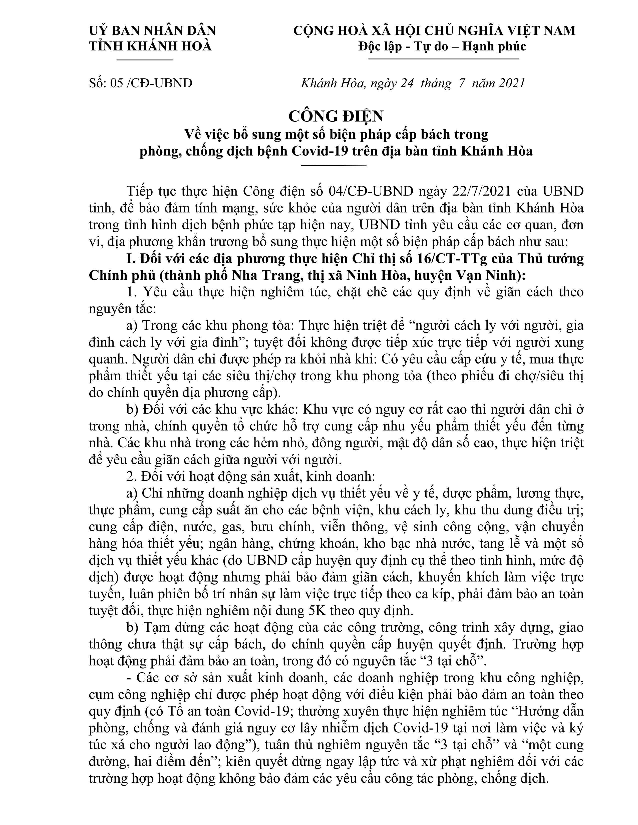 Công điện của  UBND tỉnh Khánh Hòa về việc bổ sung một số biện pháp cấp bách trong phòng, chống dịch bệnh Covid-19 trên địa bàn tỉnh