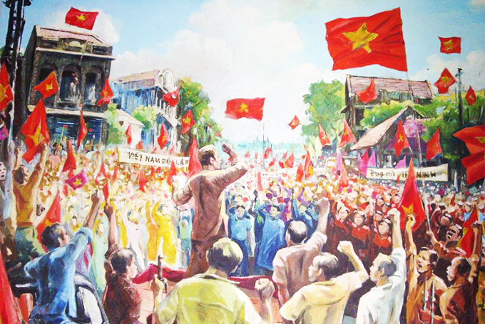 Tranh về khởi nghĩa giành chính quyền - Cách mạng tháng Tám năm 1945. 