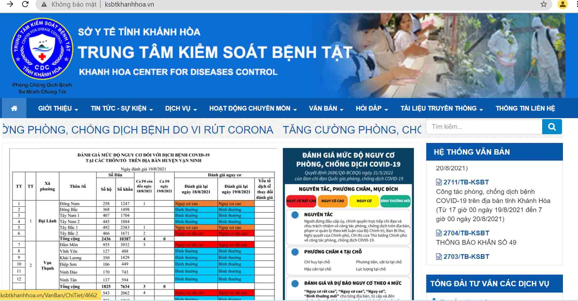 Bảng đánh giá mức độ nguy cơ về dịch Covid-19 trên trang web http://www.ksbtkhanhhoa.vn. 