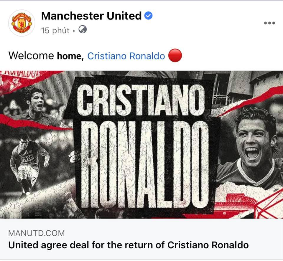 Tối 27-8, CLB Manchester United thông báo đã hoàn tất việc chuyển nhượng C.Ronaldo từ Juventus