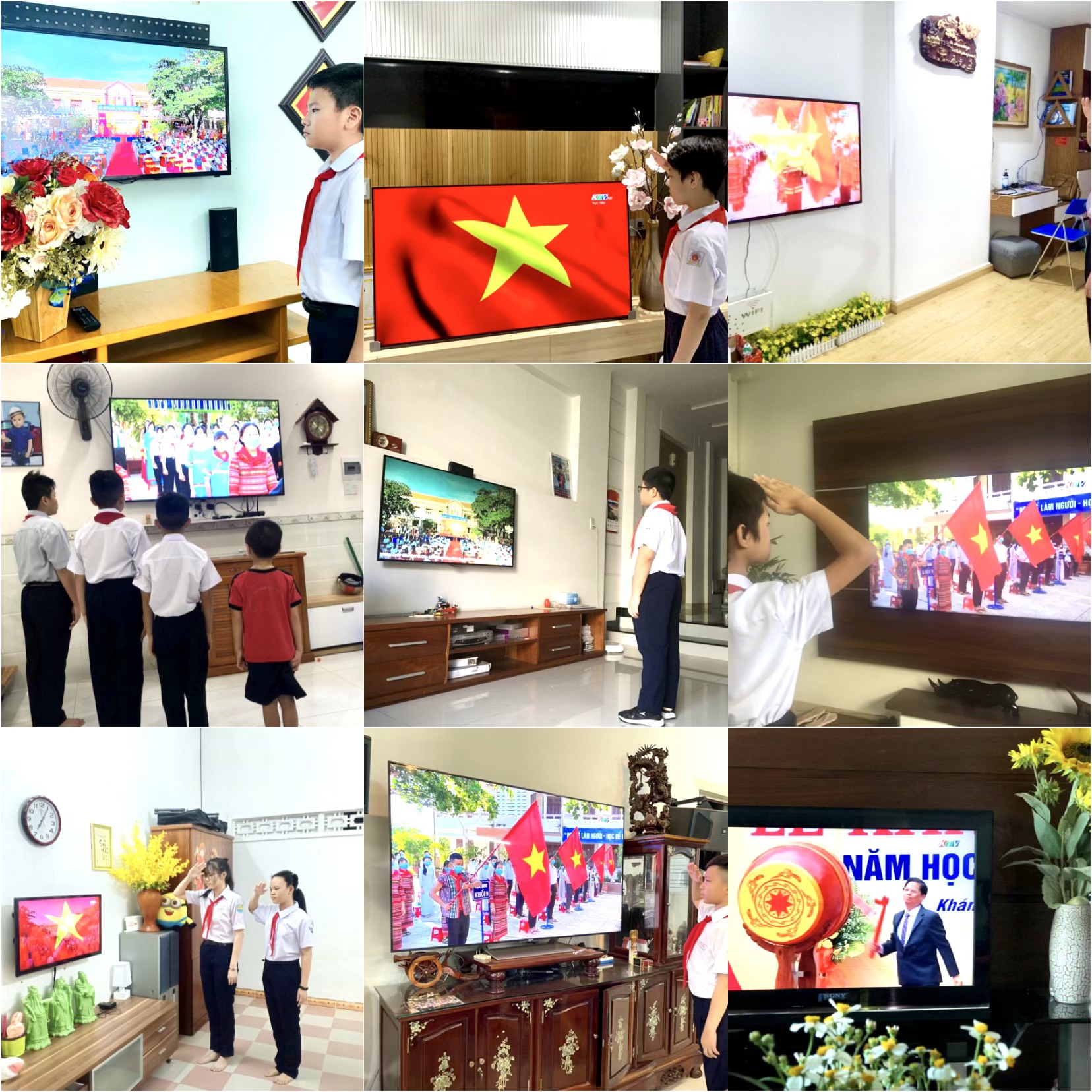 Students of Nguyen Hien Junior High School attending opening ceremony via television (Photo: Hong Minh)