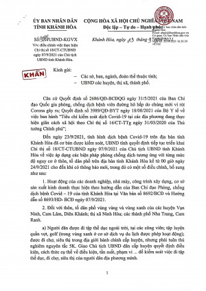 Công văn của UBND tỉnh Khánh Hòa về việc điều chỉnh thực hiện các biện pháp phòng, chống dịch Covid-19 từ ngày 24-9