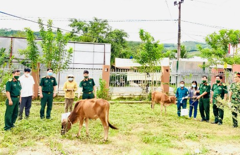 Cán bộ Bộ CHQS tỉnh Khánh Hòa và lãnh đạo các đơn vị trong khối trao tặng bò giống cho các hộ.