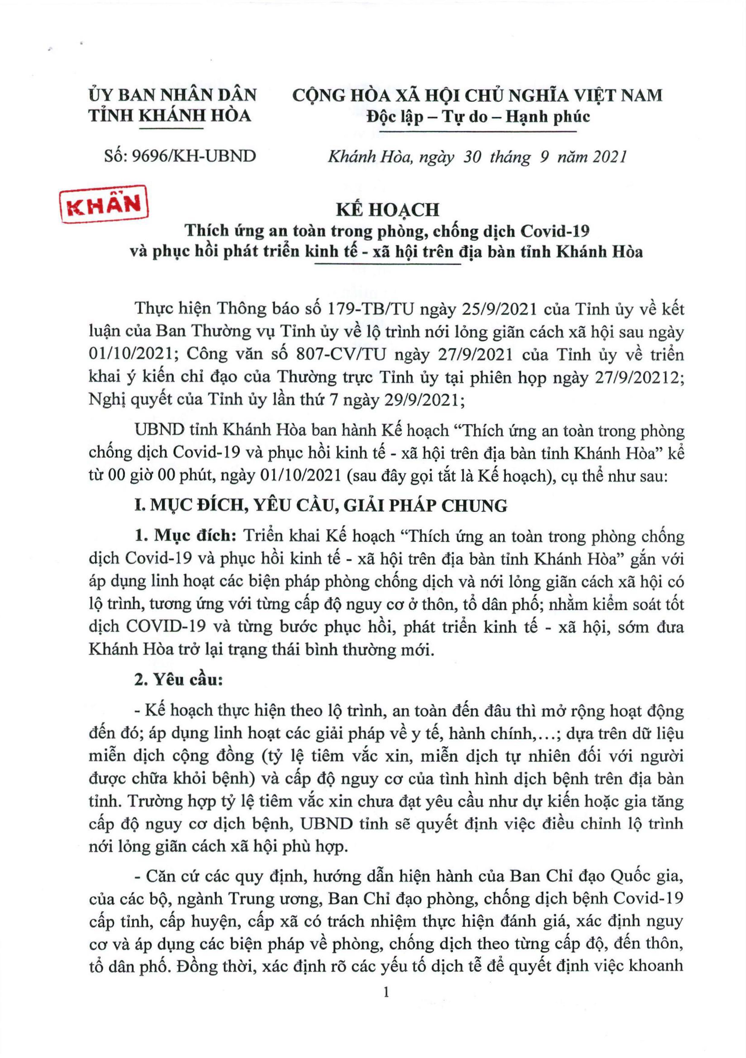 Kế hoạch Thích ứng an toàn trong phòng, chống dịch Covid-19 và phục hồi kinh tế - xã hội trên địa bàn tỉnh Khánh Hòa từ ngày 1-10