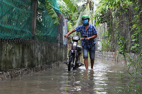 Một số đường hẻm thuộc thôn Thái Thông 1 và 2 xã Vĩnh Thái, nước thoát còn chậm.