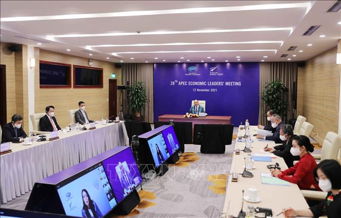 Chủ tịch nước Nguyễn Xuân Phúc và đoàn đại biểu Việt Nam dự Hội nghị các nhà Lãnh đạo kinh tế APEC lần thứ 28 theo hình thức trực tuyến. Ảnh: Thống Nhất/TTXVN
