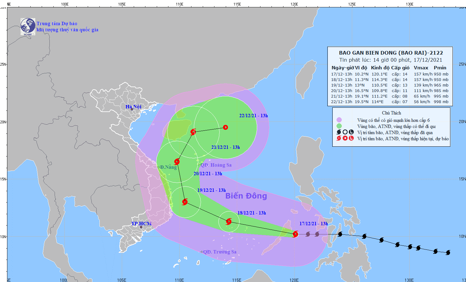 Hình 1 – Quỹ đạo di chuyển của Cơn bão RAI