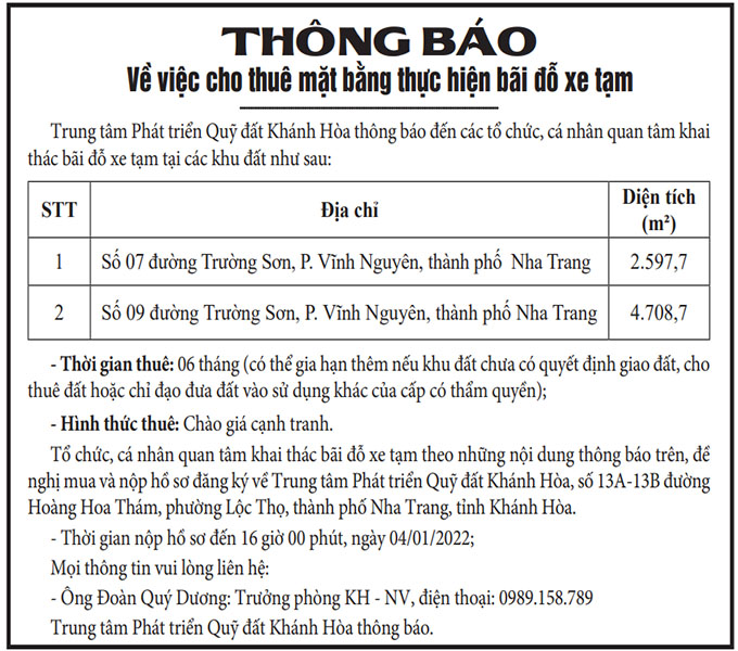 Thông báo về việc cho thuê mặt bằng bãi đỗ xe tạm
