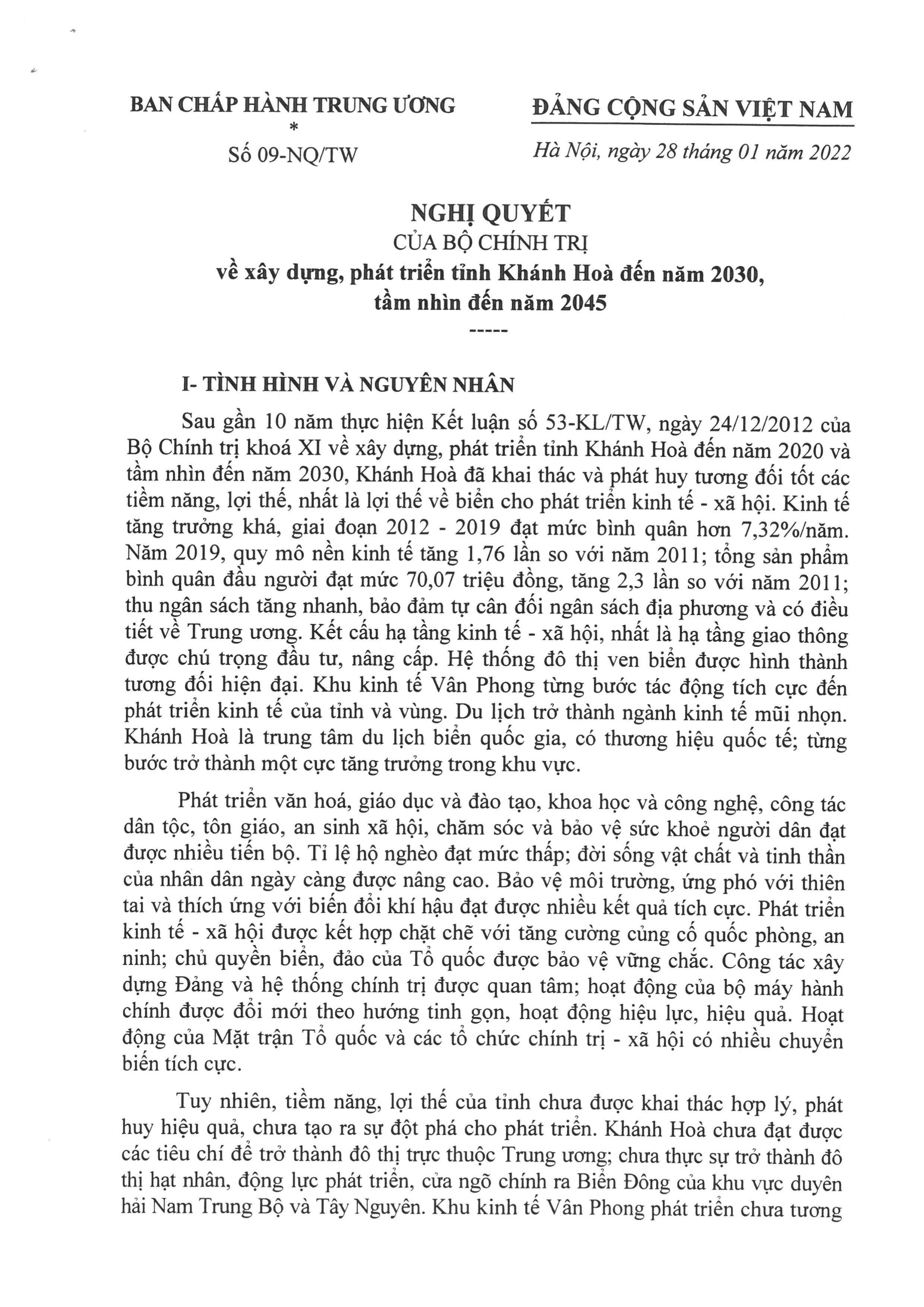 Nghị quyết của Bộ Chính trị về xây dựng, phát triển tỉnh Khánh Hòa đến năm 2030, tầm nhìn đến năm 2045