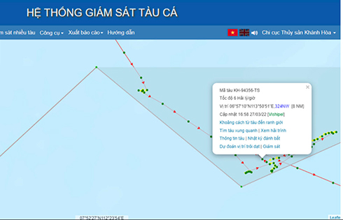 Vị trí tàu cá KH 94356 TS được cập nhất lúc 16 giờ 58 ngày 27-3, khi đang hoạt động trong vùng biển Việt Nam (ảnh do Chi cục Thủy sản cung cấp).