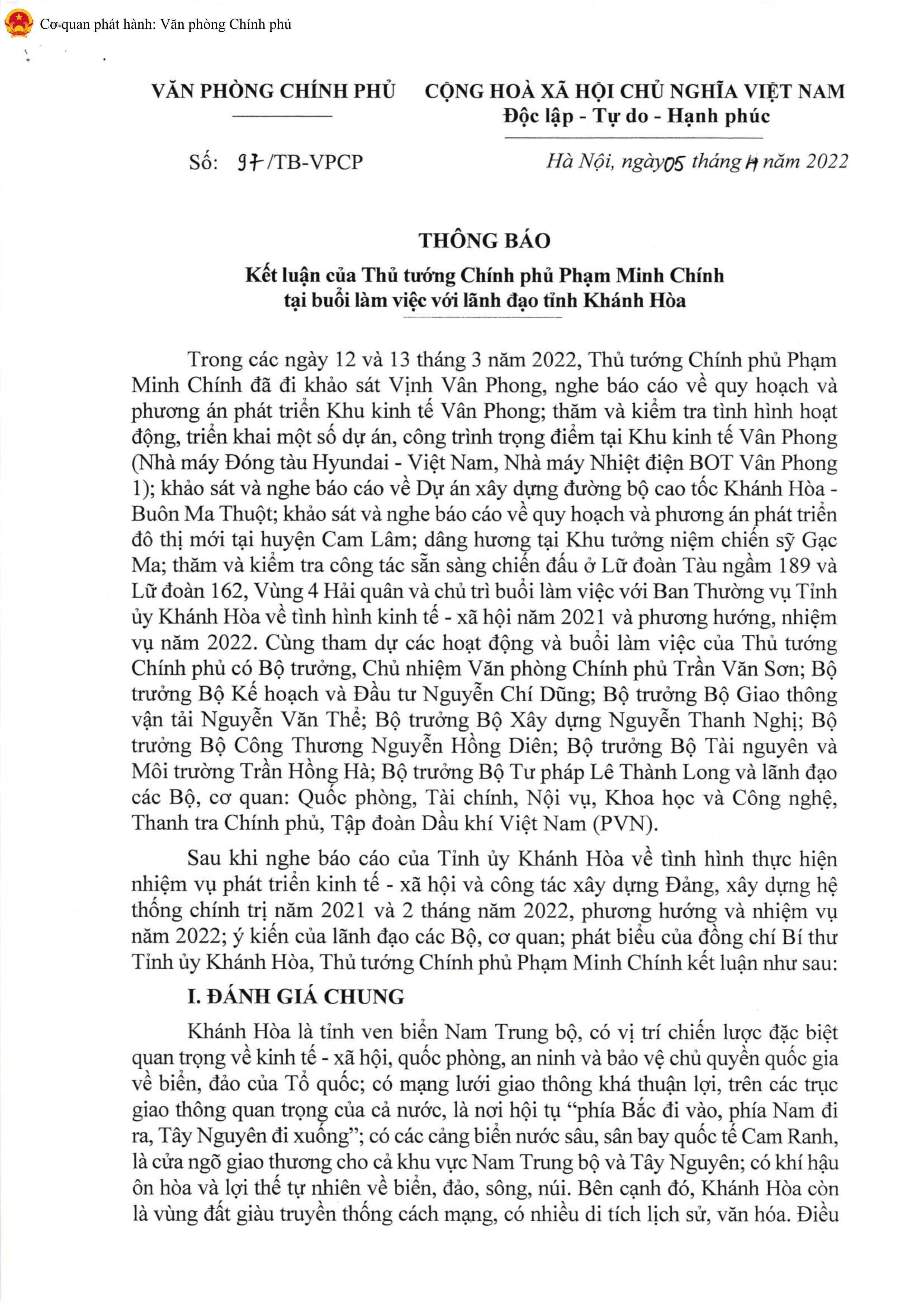 Kết luận của Thủ tướng Chính phủ Phạm Minh Chính tại buổi làm việc với lãnh đạo tỉnh Khánh Hòa