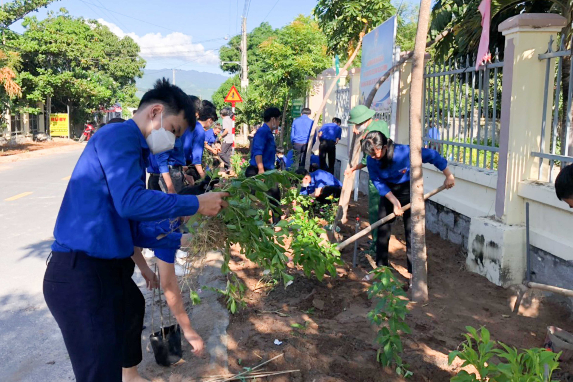 Các đoàn viên, thanh niên tham gia trồng cây xanh sau lễ phát động