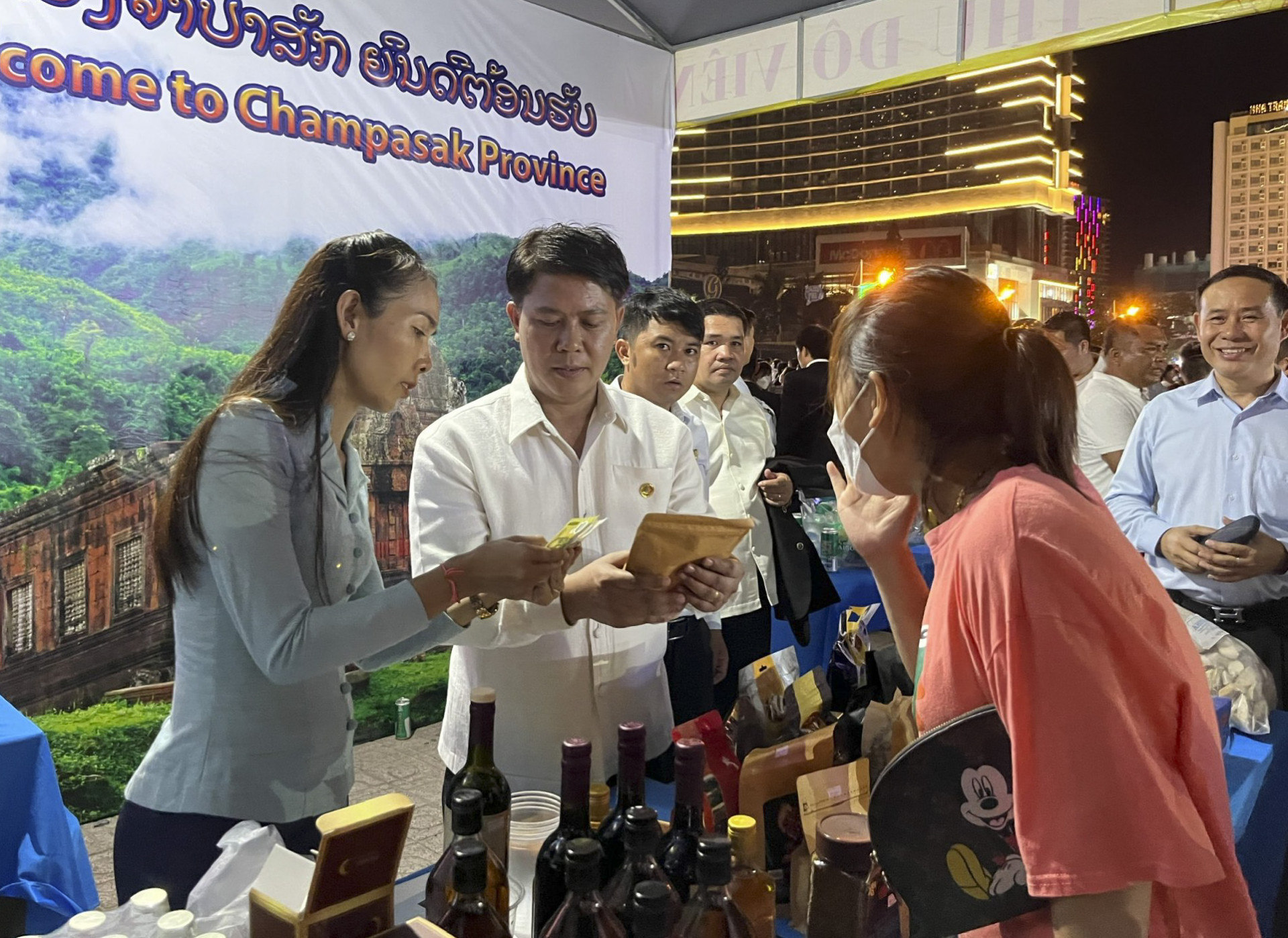 Stall displaying products of Champasak Province, Laos