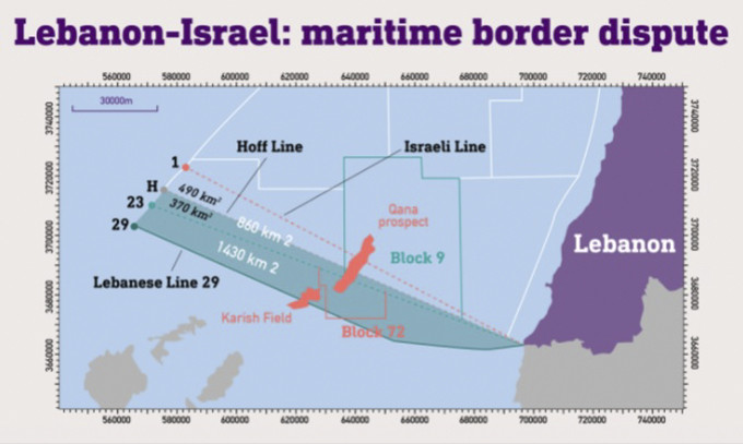 Bản đồ khu vực tranh chấp biên giới trên biển giữa Israel và Liban. Ảnh: LT