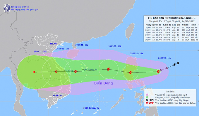 Vị trí và dự báo hướng di chuyển của bão Noru
