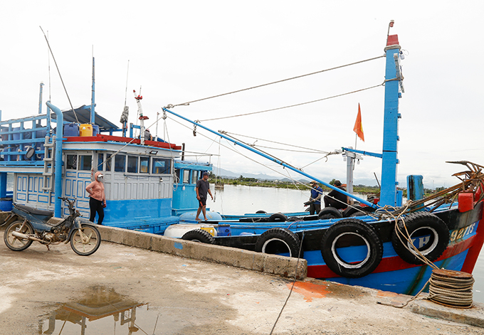 Ngư dân thị xã Ninh Hòa chằng néo tàu thuyền tại Khu neo đậu tránh trú bão Ninh Hải