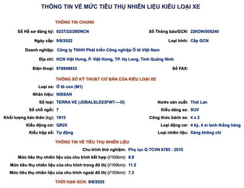 Thông tin về Nissan Terra 2023 trên website của Cục Đăng kiểm Việt Nam.