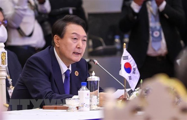 Tổng thống Hàn Quốc Yoon Suk-yeol phát biểu tại Hội nghị Cấp cao ASEAN-Hàn Quốc lần thứ 23. (Ảnh: Dương Giang/TTXVN)