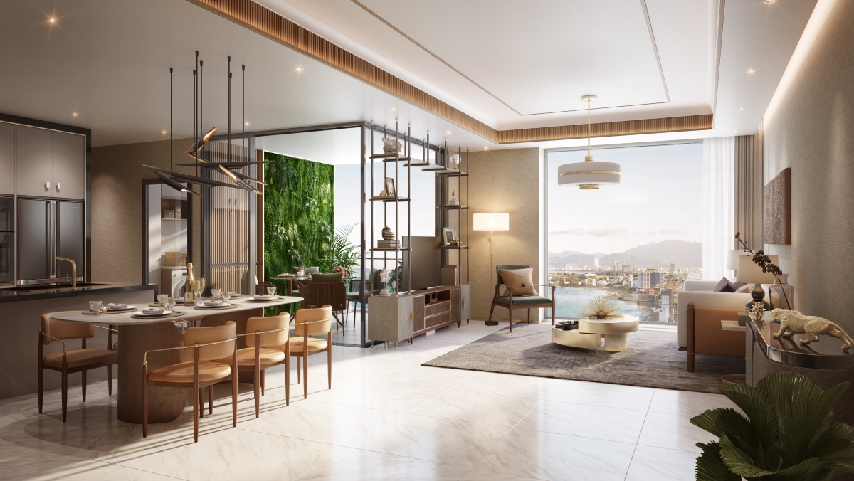Phối cảnh căn hộ ba phòng ngủ của dự án Grand Mark Nha Trang với thiết kế rộng thoáng phù hợp cho gia đình đa thế hệ. Ảnh: PropertyX