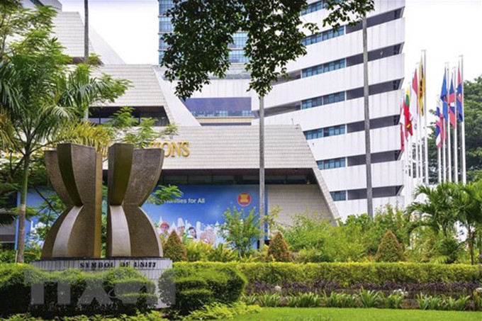 Quang cảnh tòa nhà trụ sở Ban Thư ký ASEAN tại Jakarta, Indonesia ngày 1/1/2022. (Ảnh: THX/TTXVN)