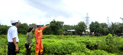 Lực lượng công an và truyền tải điện phối hợp kiểm tra lưới điện.