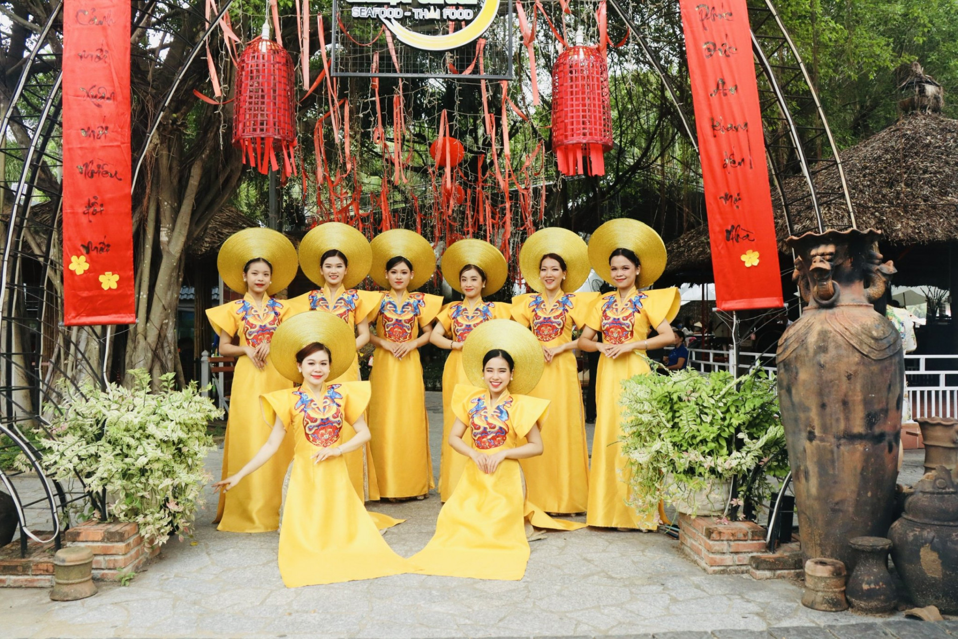 Dancers posing for photo on Lunar New Year occasion
