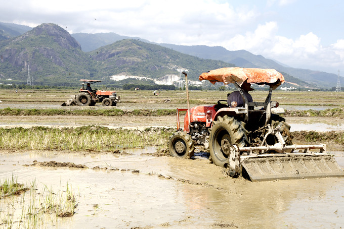 Nông dân Diên Khánh áp dụng máy móc vào sản xuất nông nghiệp.