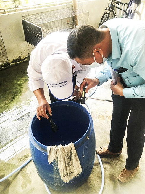 Cán bộ y tế Trung tâm Kiểm soát bệnh tật tỉnh kiểm tra dụng cụ chứa nước  tại nhà một hộ dân ở TP. Nha Trang.